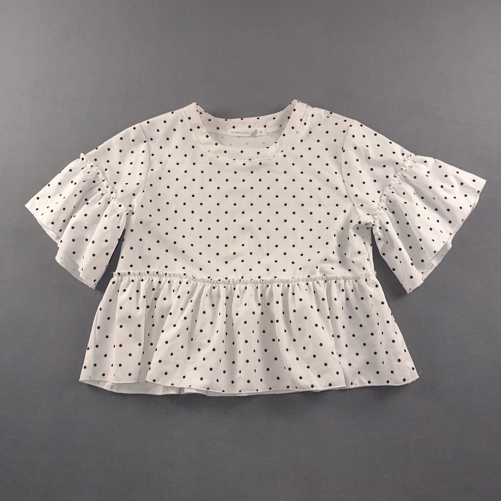 Altar'd State Polka Dot Peplum Top White Black Ruffle Bell Sleeve XS B1462Y860JD